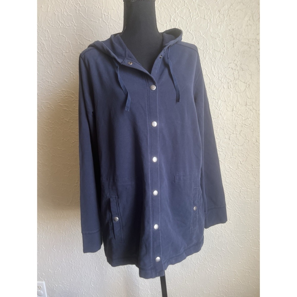 LL Bean Jacket Women's Large Navy Blue Parka Hooded Lightweight Snap Button